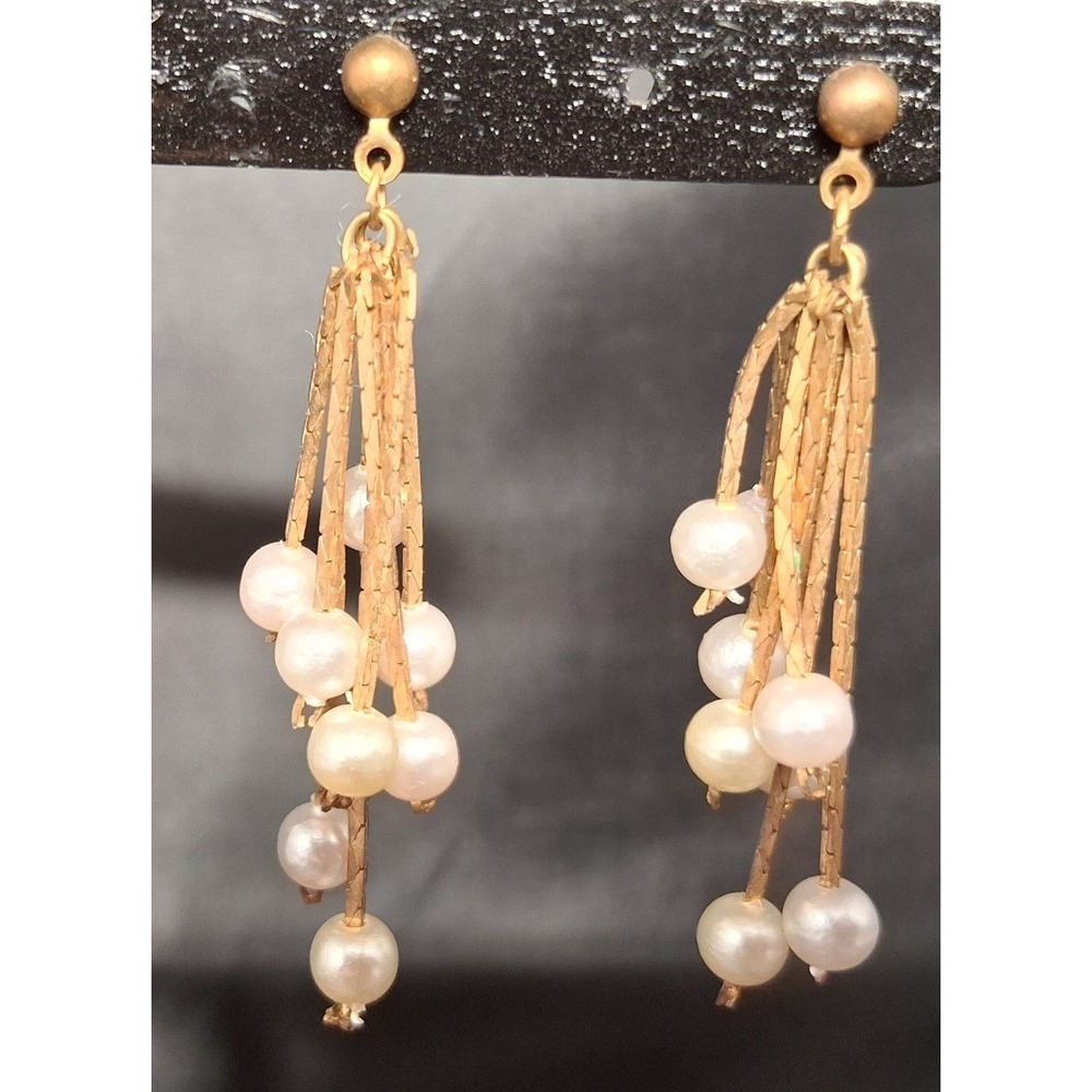 Vintage Gold Tone Multi Strand Faux Pearl Dangle Earrings Waterfall Drop Post